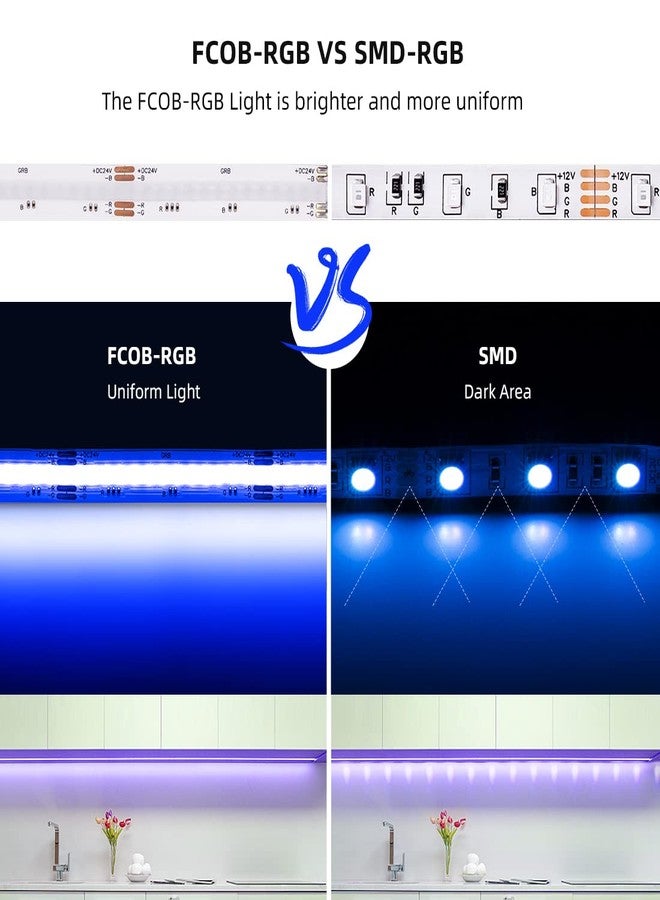 BTF-LIGHTING شريط إضاءة LED من نوع BTF-LIGHTING FCOB COB RGB، 840 مصباح LED/متر، طول 16.4 قدم، يعمل بجهد 24 فولت تيار مستمر، متغير اللون، مرن، عالي الكثافة، إضاءة موحدة، عرض 10 مم، مناسب لغرف النوم والديكورات الداخلية للمنزل (بدون محول أو وحدة تحكم). - Image 3